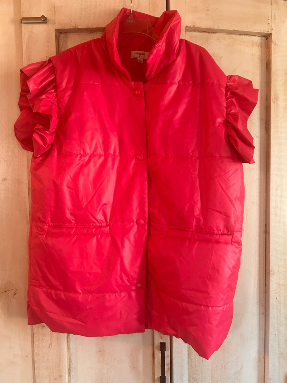 Umgee Hot Pink Puffy Vest with Ruffle Shoulders